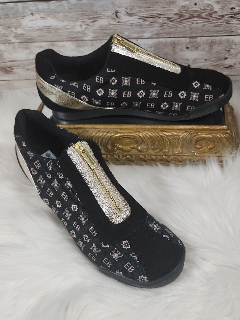 Women's Black & Gold Slip-On Sneakers with Top Zip - Picture 2 of 6